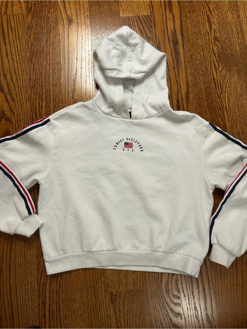 Women youth White Hooded Sweatshirt with Navy & Red Stripe Detail Size M